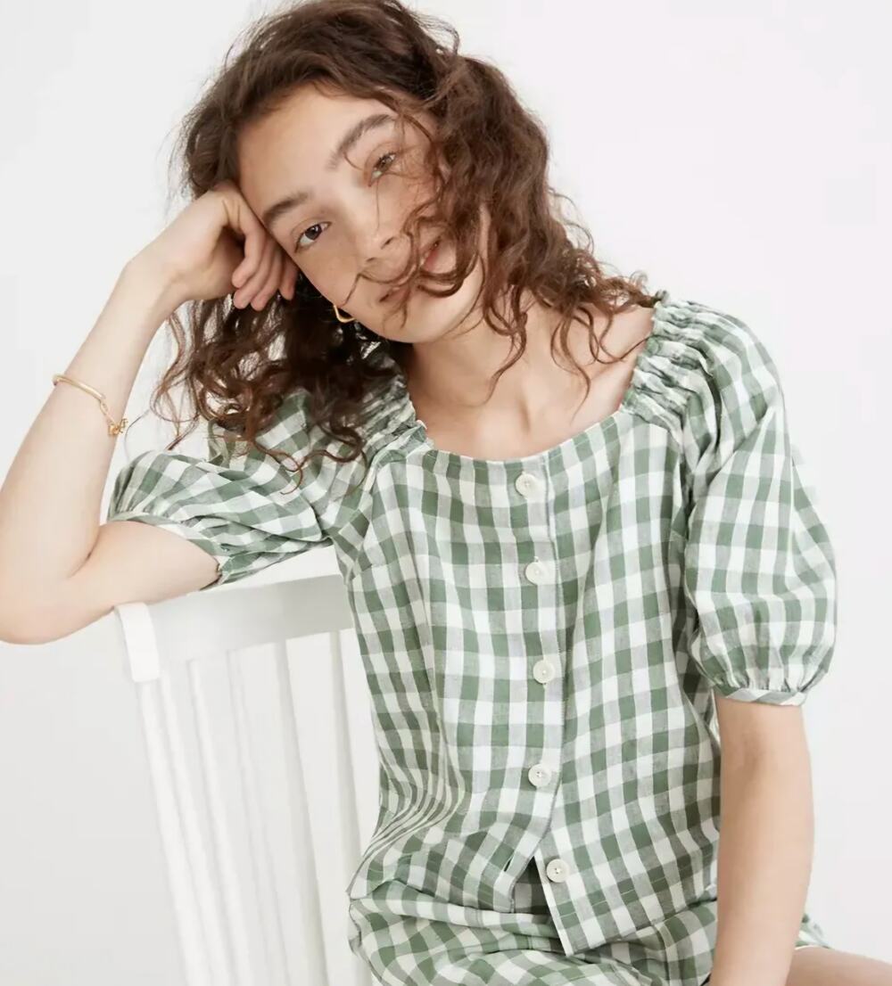 Madewell Linen Blend Gingham Puff Sleeve Square Neck Blouse Top Medium
